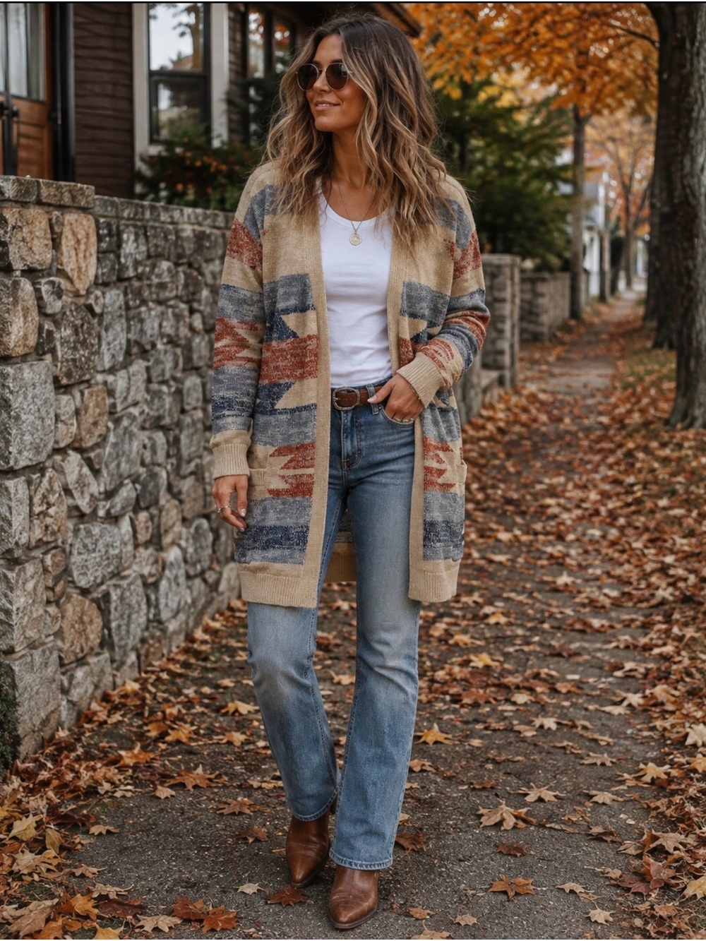 Lucky Brand Beige Open-Front Cardigan with Blue and Rust Pattern